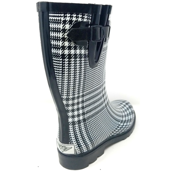 Women 11" Rubber Rain Boots * Black/White Plaid - Picture 2 of 3